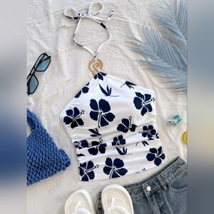 SHEIN White and Navy Floral Halter Top